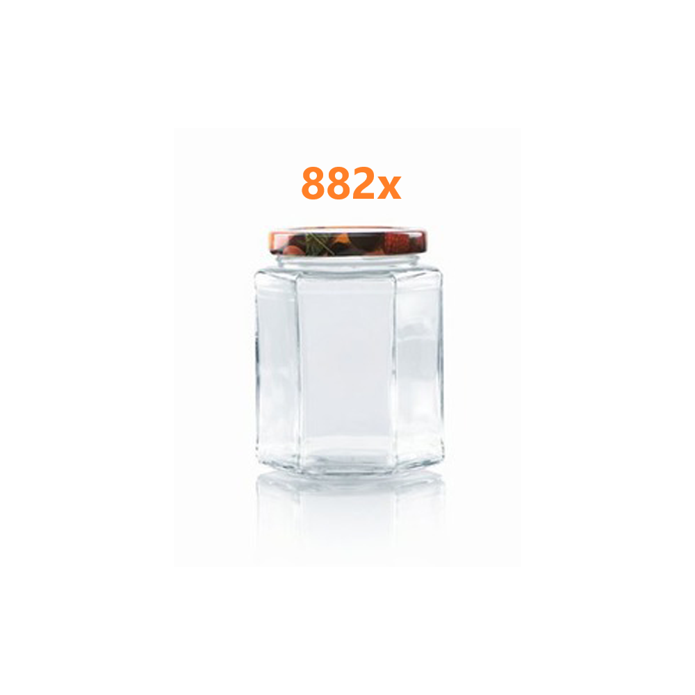 Jampot zeshoekig 288 ml - deksel fruitmotief Ø63 (6 stuks x 147 sets) 