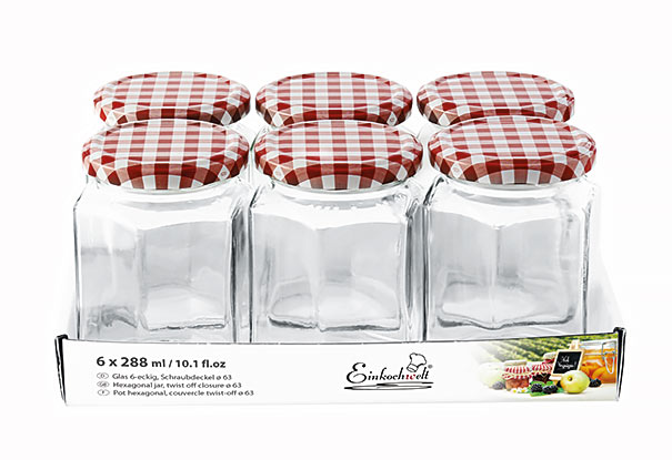 Jampot zeshoekig 288 ml - deksel rood/wit Ø63 (6 stuks) 