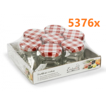Jampot zeshoekig 45 ml - deksel rood/wit  Ø43 (7 stuks x 768 sets) 