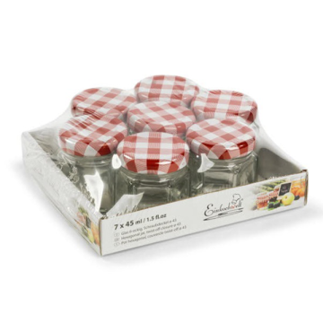 Jampot zeshoekig 45 ml - deksel rood/wit  Ø43 (7 stuks) 