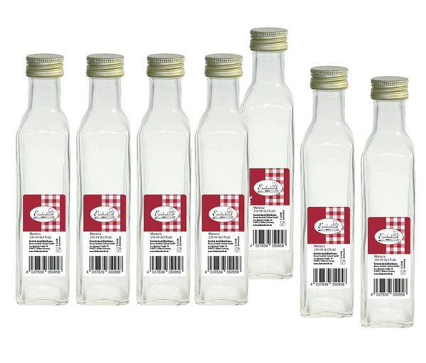 Einkochwelt - doos 12 Marasca flessen - vierkant - 250 ml - schroefdop goud - per pallet - 128 dozen 
