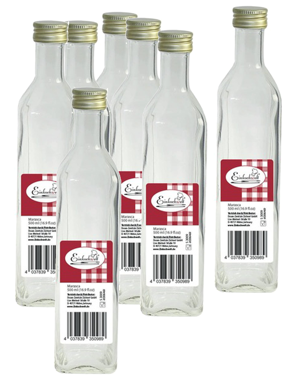 Einkochwelt - doos 12 Marasca flessen - vierkant - 500 ml - schroefdop goud - per pallet - 60 dozen 